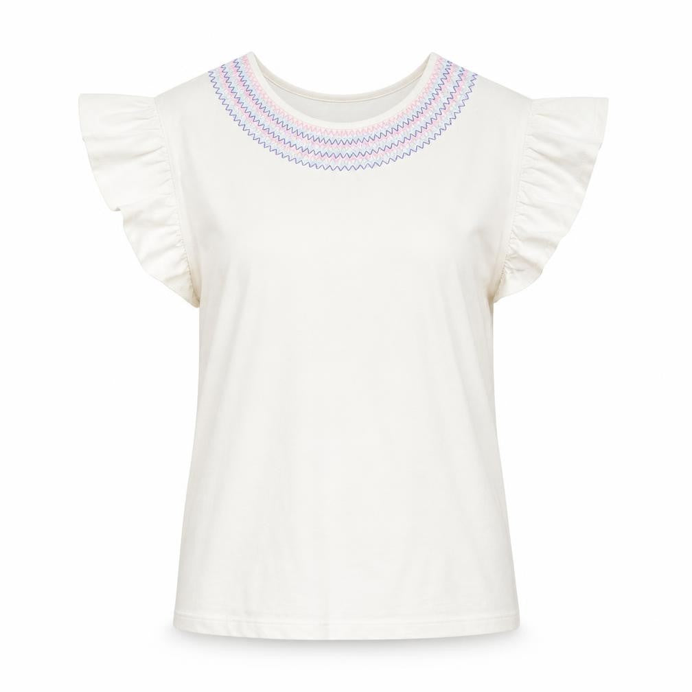 Dunnes Stores Womens White Embroidered Flutter Sleeve Cotton T-Shirt Size L