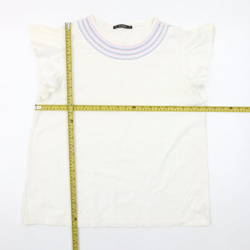 Dunnes Stores Womens White Embroidered Flutter Sleeve Cotton T-Shirt Size L