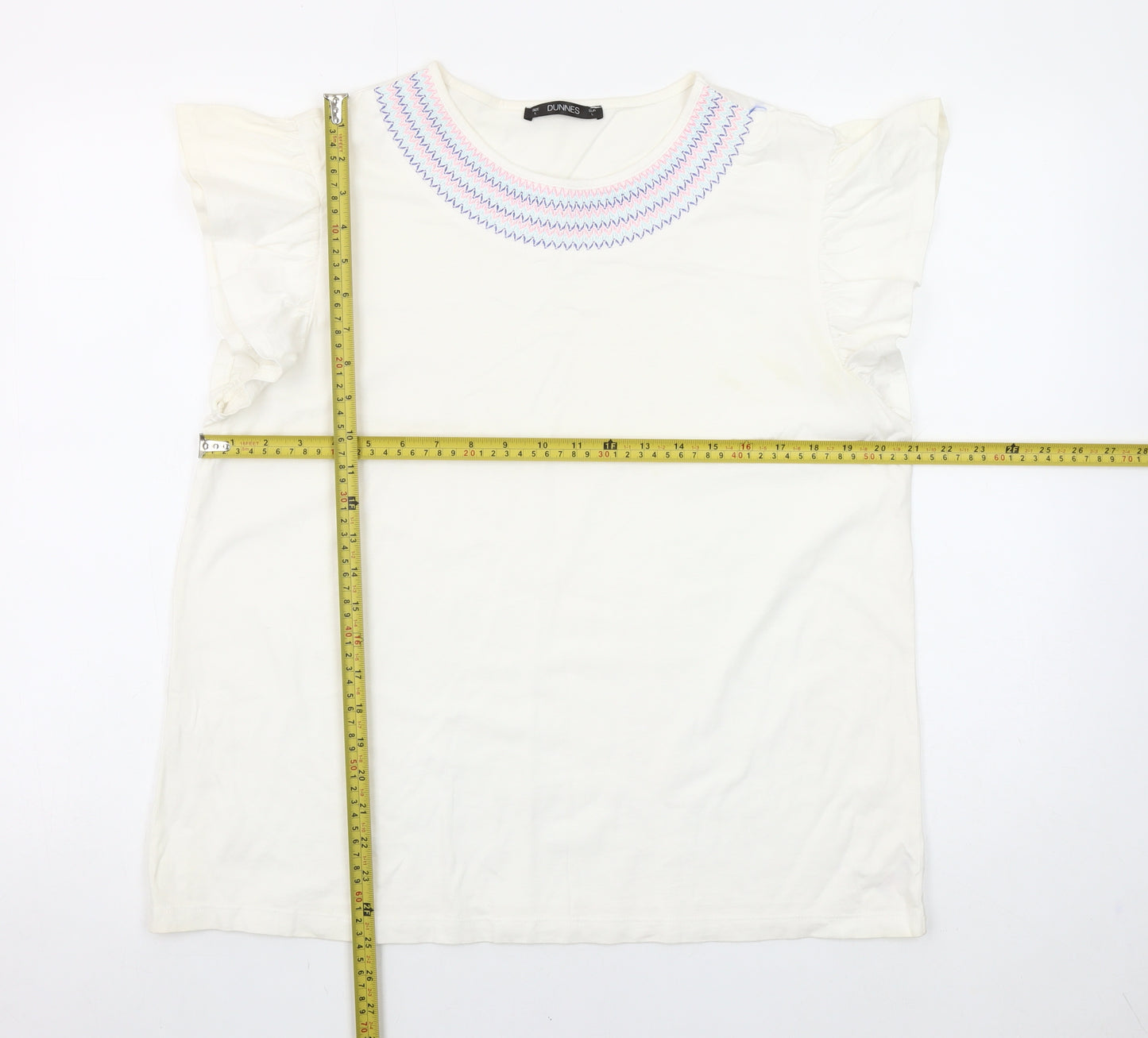 Dunnes Stores Womens White Embroidered Flutter Sleeve Cotton T-Shirt Size L