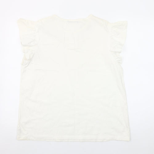 Dunnes Stores Womens White Embroidered Flutter Sleeve Cotton T-Shirt Size L