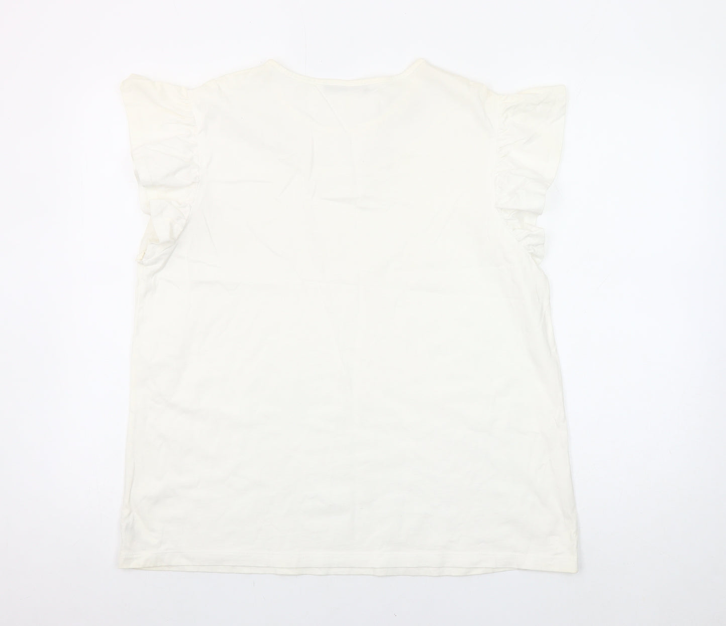 Dunnes Stores Womens White Embroidered Flutter Sleeve Cotton T-Shirt Size L