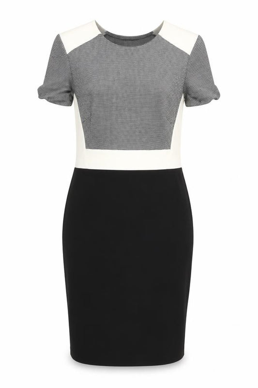 Front view of J’aime La Vie Women’s Black Sheath Dress, size UK 12, Short Sleeve