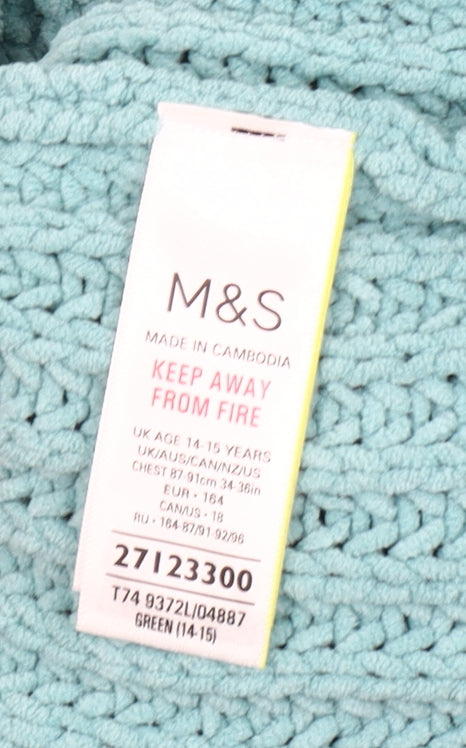 Marks and Spencer Girls Green 14-15 Years Knitted Polyester Jumper