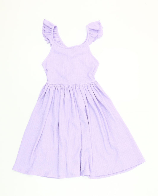 H&M Girls Purple Knee Length Skater Dress UK 6-8 Years Ruffle Sleeve