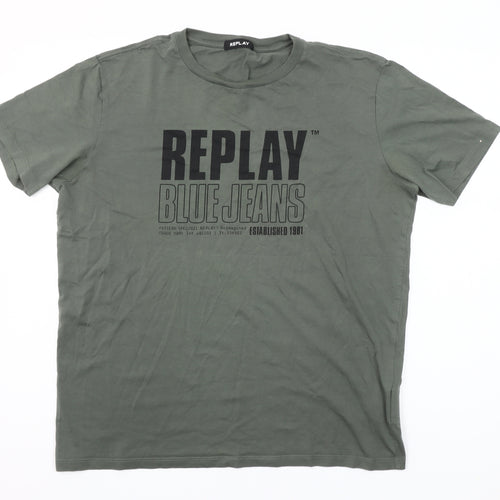 Replay Men's Khaki Green Cotton Crew Neck Graphic T-Shirt Size L