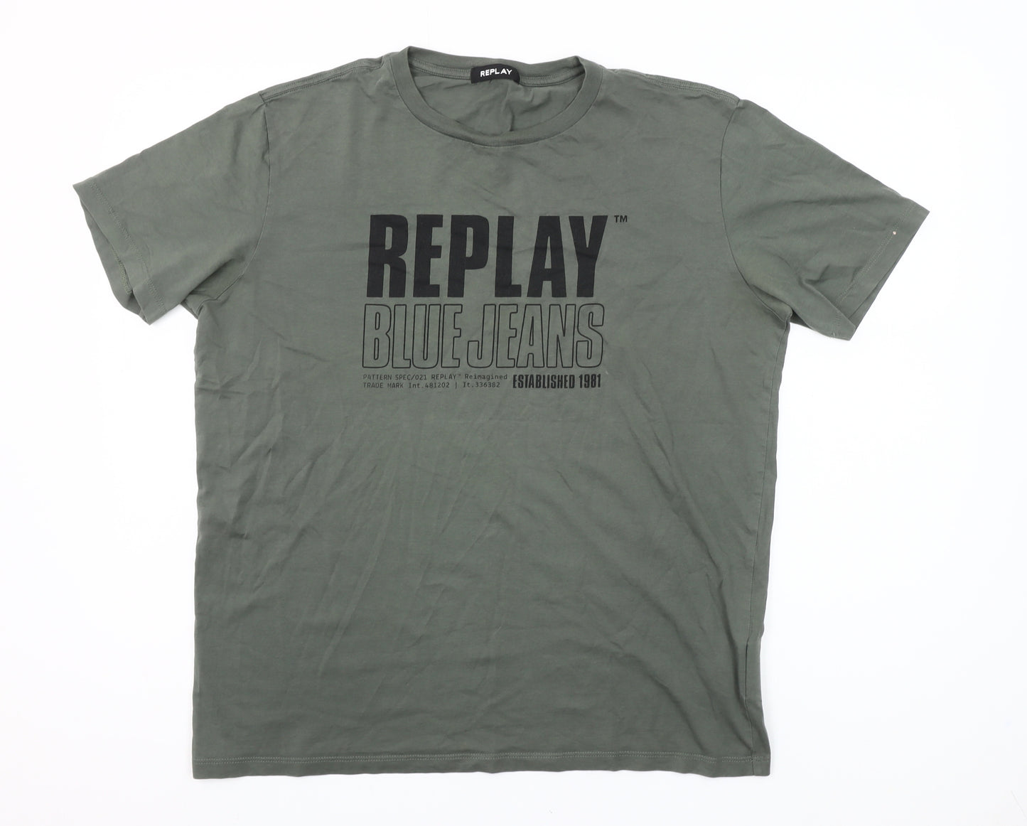 Replay Men's Khaki Green Cotton Crew Neck Graphic T-Shirt Size L