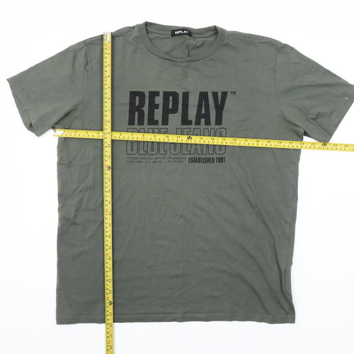 Replay Men's Khaki Green Cotton Crew Neck Graphic T-Shirt Size L