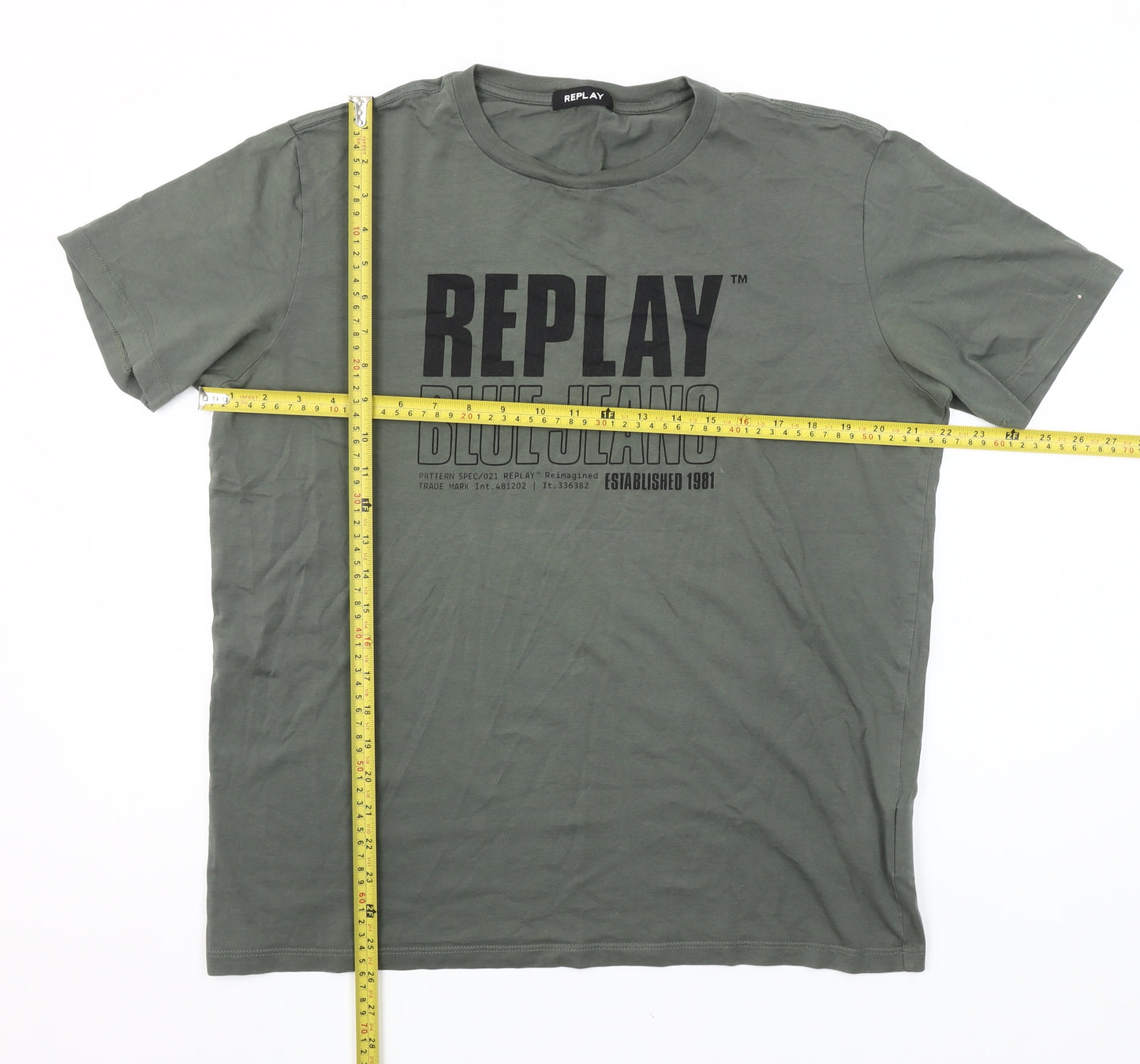 Replay Men's Khaki Green Cotton Crew Neck Graphic T-Shirt Size L