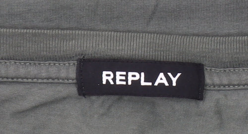 Replay Men's Khaki Green Cotton Crew Neck Graphic T-Shirt Size L