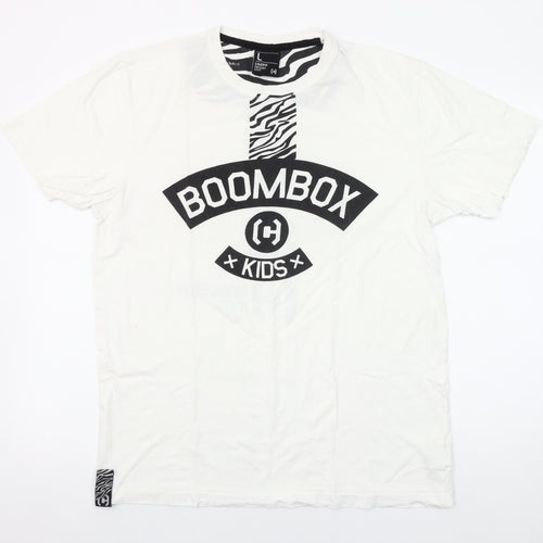 Cropp Men’s White BOOMBOX Kids Graphic Crew Neck T-Shirt L Retro Music