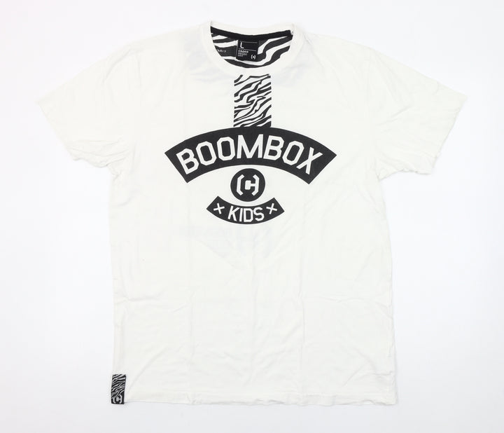 Cropp Men’s White BOOMBOX Kids Graphic Crew Neck T-Shirt L Retro Music