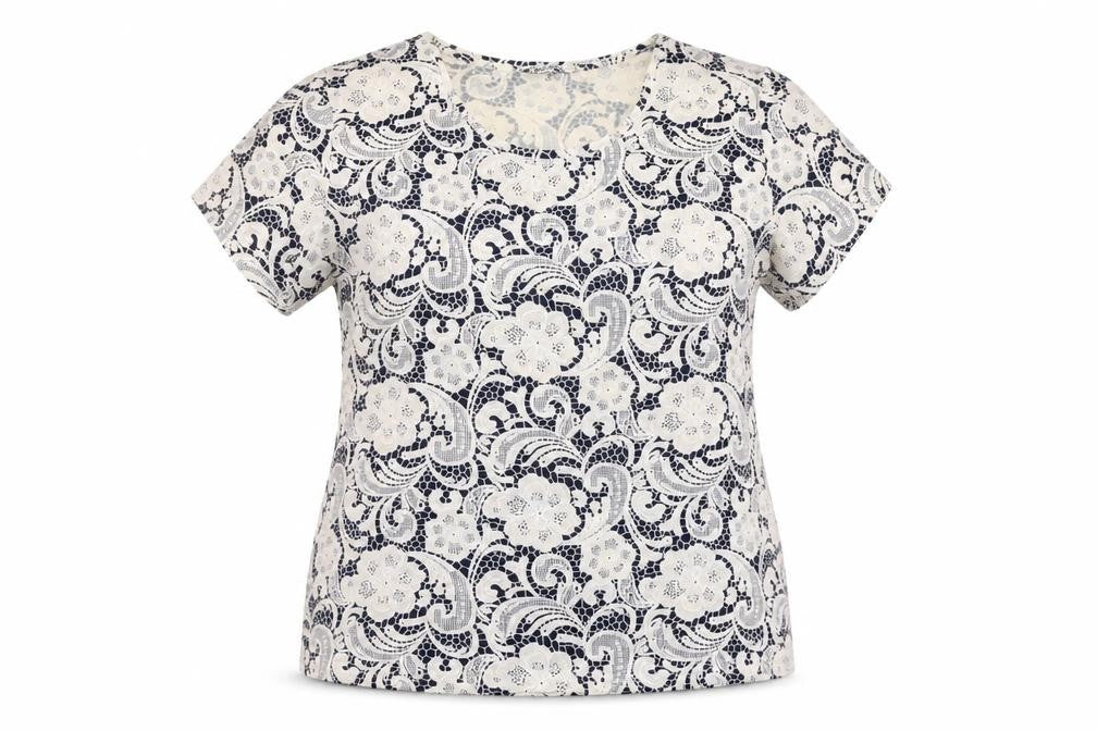 Front view of Just Elegance women’s blue floral stretch t-shirt, size UK 16