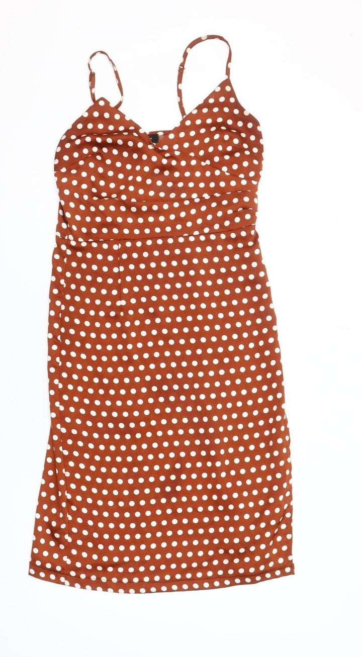 New Look Women's Brown Polka Dot Midi Slip Dress Size 10