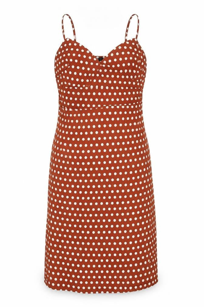 New Look Women's Brown Polka Dot Midi Slip Dress Size 10