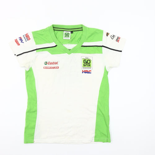 GO&FUN Boys White Green V-Neck Motorcycle Team T-Shirt Size M