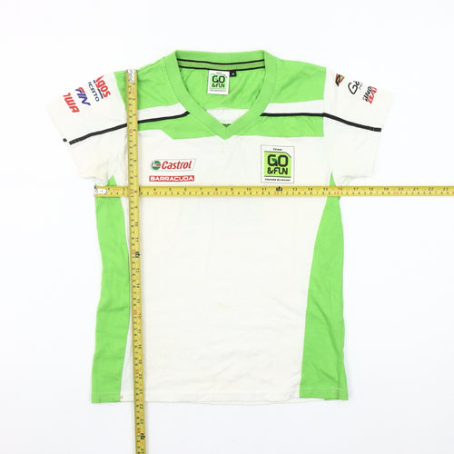 GO&FUN Boys White Green V-Neck Motorcycle Team T-Shirt Size M
