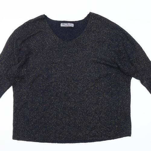 Paco Boutique Women's Blue Glitter Knit V-Neck 3/4 Sleeve Blouse XL
