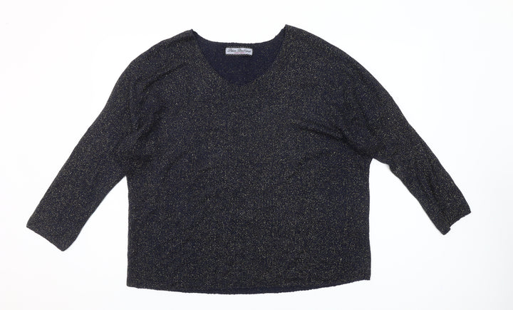 Paco Boutique Women's Blue Glitter Knit V-Neck 3/4 Sleeve Blouse XL
