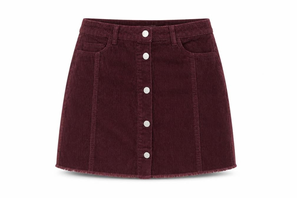 Front view of Denim & Co. Women's Brown Corduroy A-Line Button Skirt, size 10