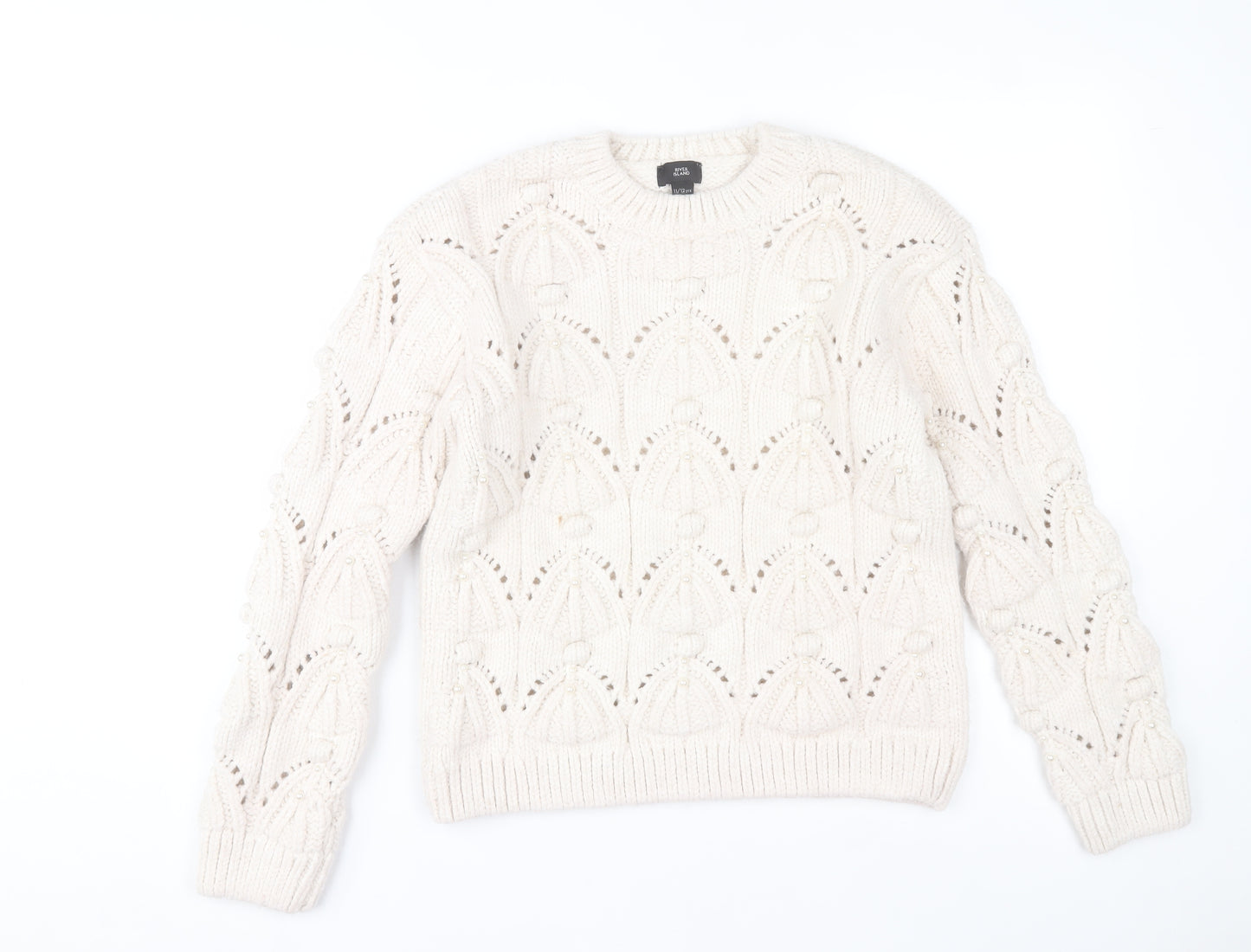 River Island Girls Ivory Knit Jumper 11-12 Years Acrylic Blend Winter Pullover