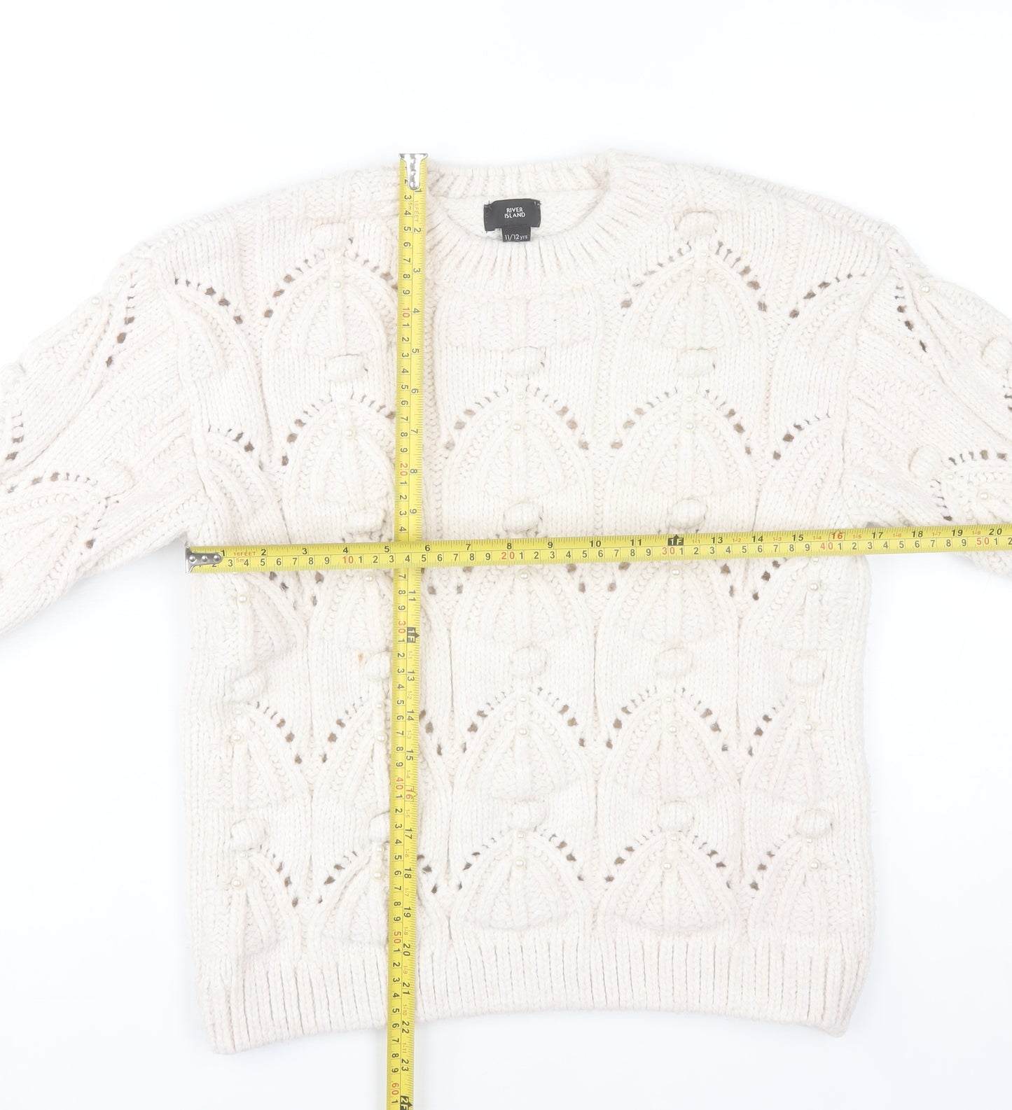 River Island Girls Ivory Knit Jumper 11-12 Years Acrylic Blend Winter Pullover