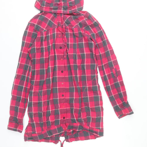 River Island Womens Red Check Hooded Jacket Size 12 Cotton Drawstring Casual