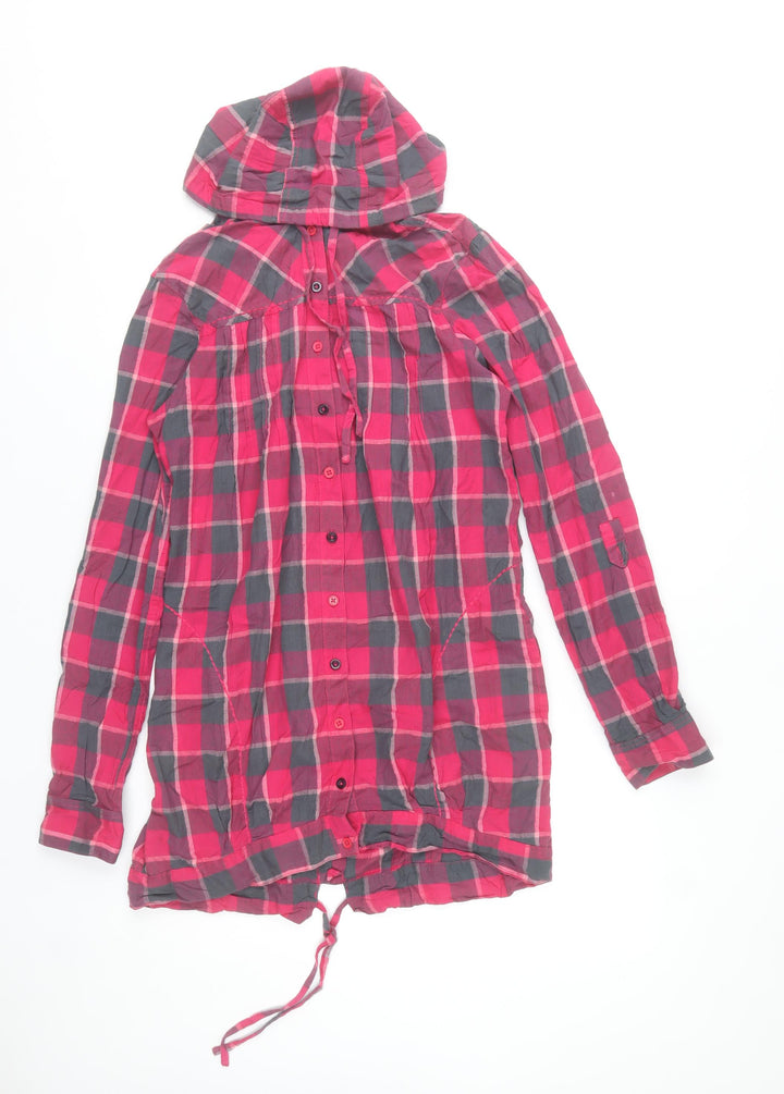 River Island Womens Red Check Hooded Jacket Size 12 Cotton Drawstring Casual