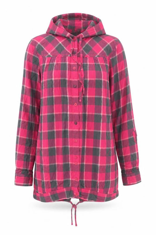 Front view of River Island women’s red check hooded jacket, size UK 12, cotton drawstring casual