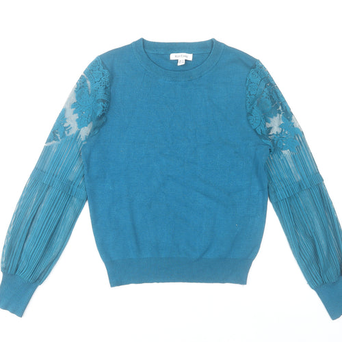 Wild Flower Women's Blue Lace Sleeve Crew Neck Jumper Size 12