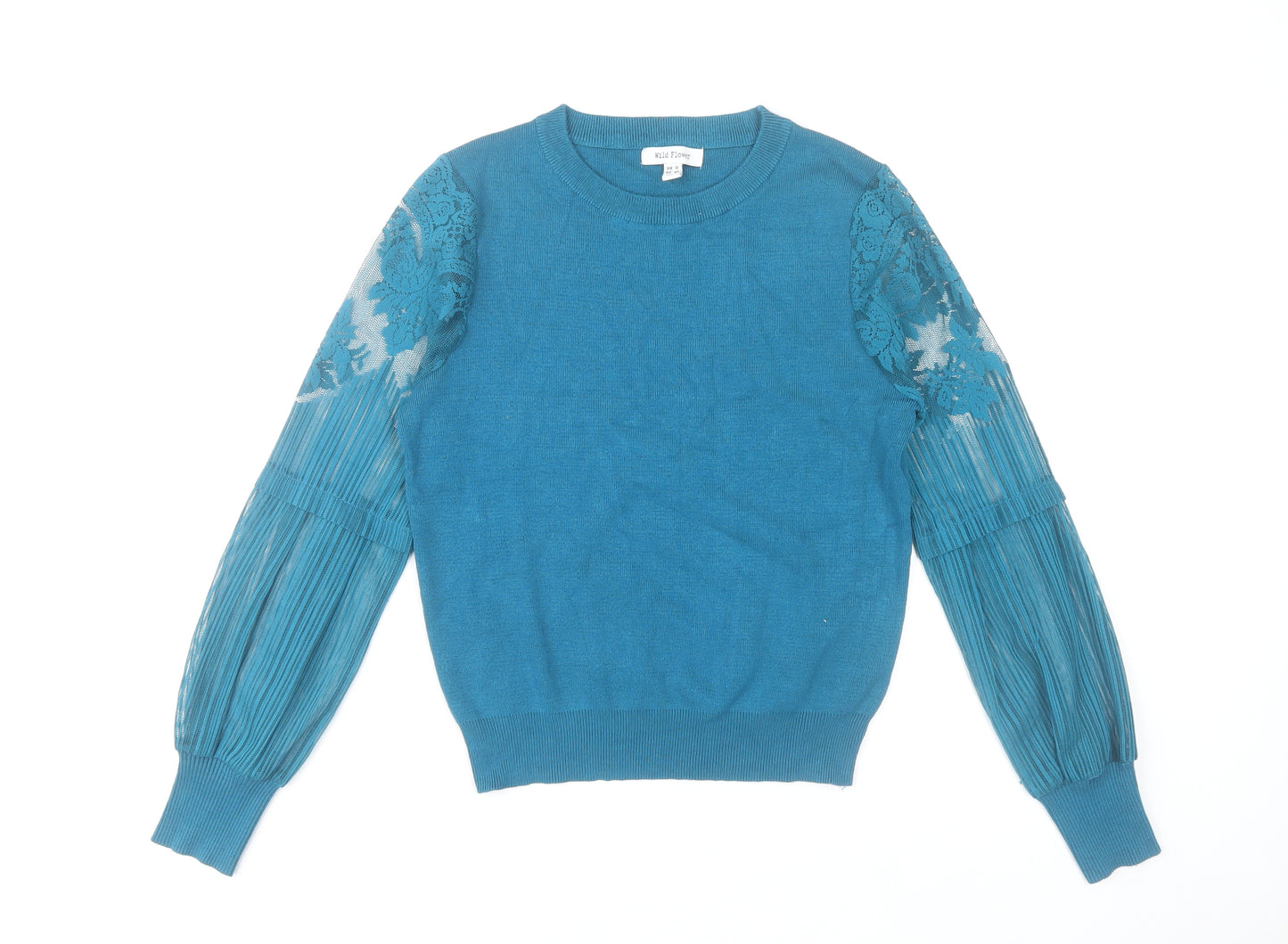 Wild Flower Women's Blue Lace Sleeve Crew Neck Jumper Size 12