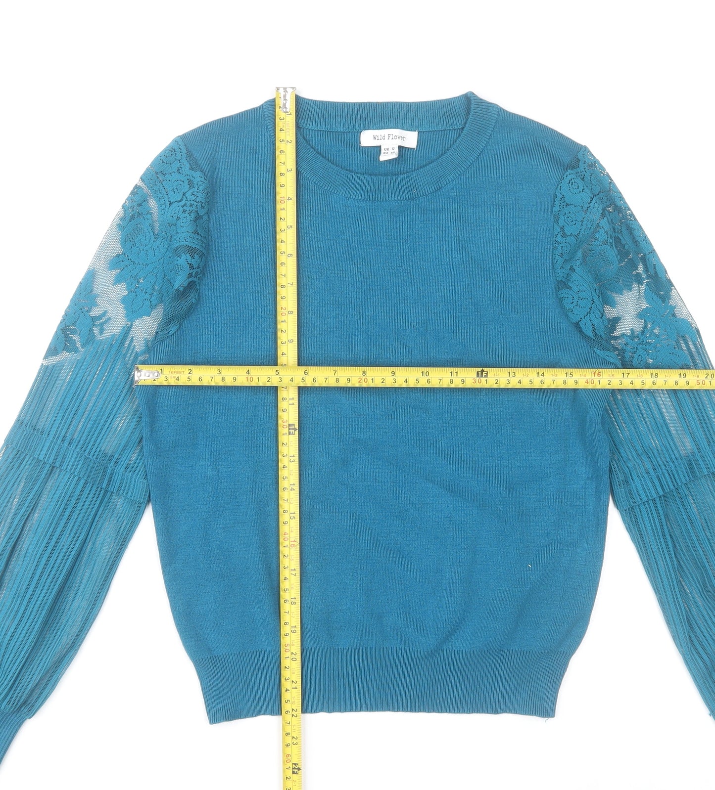 Wild Flower Women's Blue Lace Sleeve Crew Neck Jumper Size 12