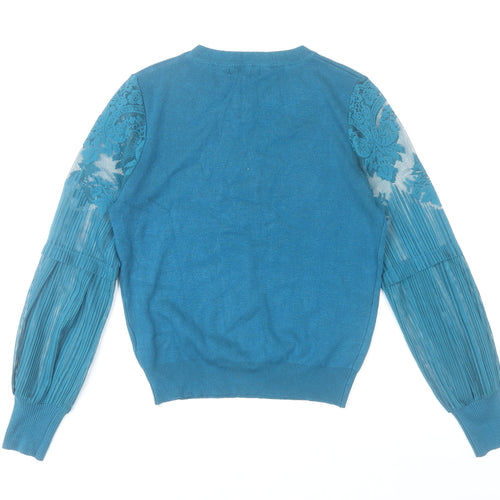 Wild Flower Women's Blue Lace Sleeve Crew Neck Jumper Size 12