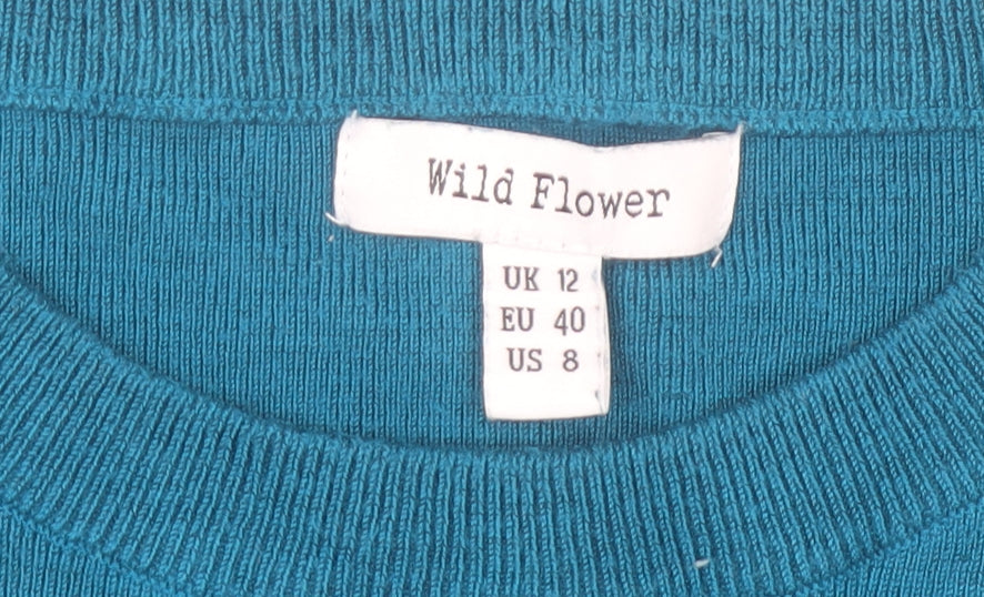 Wild Flower Women's Blue Lace Sleeve Crew Neck Jumper Size 12
