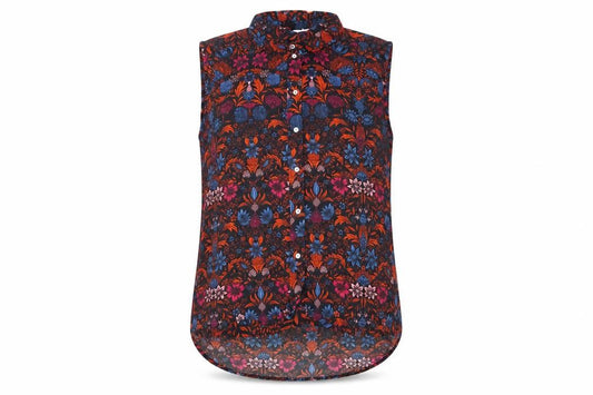 Front view of H&M women’s multicoloured floral sleeveless collared blouse, size UK 12