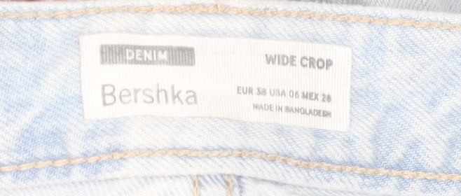 Bershka Women’s Light Blue Wide Crop Jeans Size 10 Cotton Denim