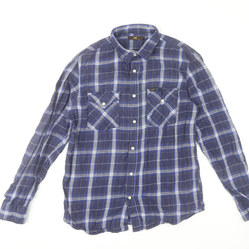 Lee Men's Blue Check Flannel Button-Up Shirt Long Sleeve L