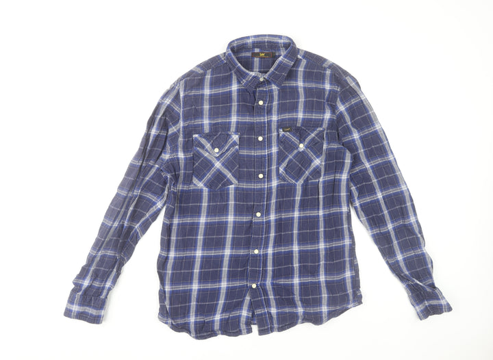 Lee Men's Blue Check Flannel Button-Up Shirt Long Sleeve L