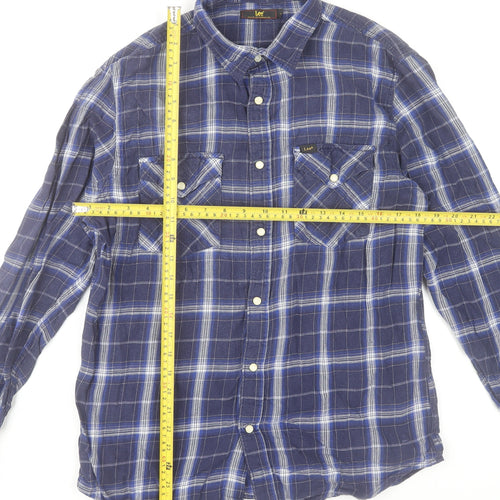 Lee Men's Blue Check Flannel Button-Up Shirt Long Sleeve L