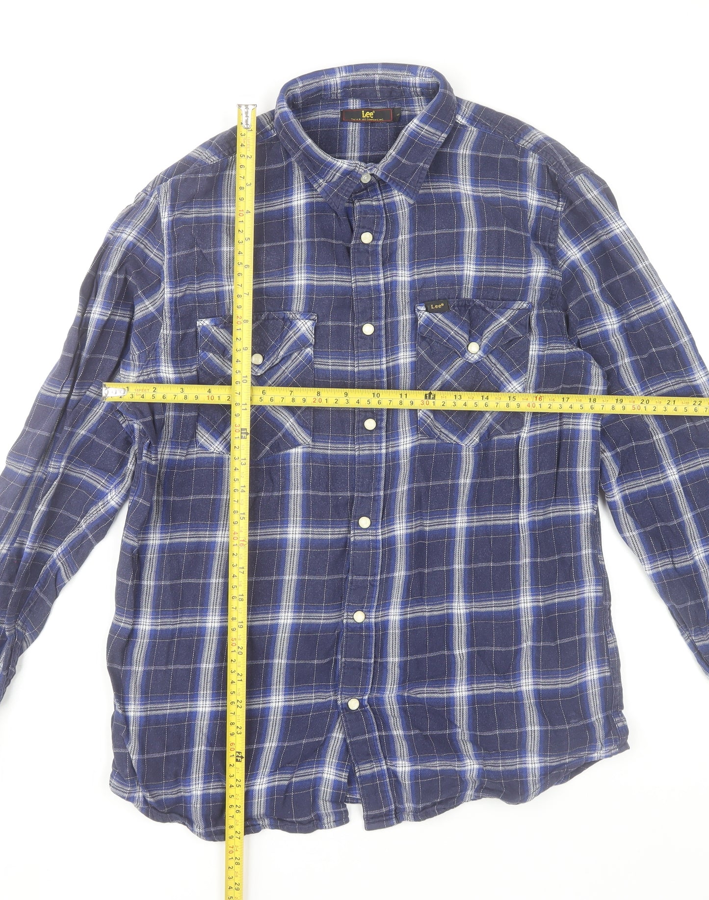 Lee Men's Blue Check Flannel Button-Up Shirt Long Sleeve L