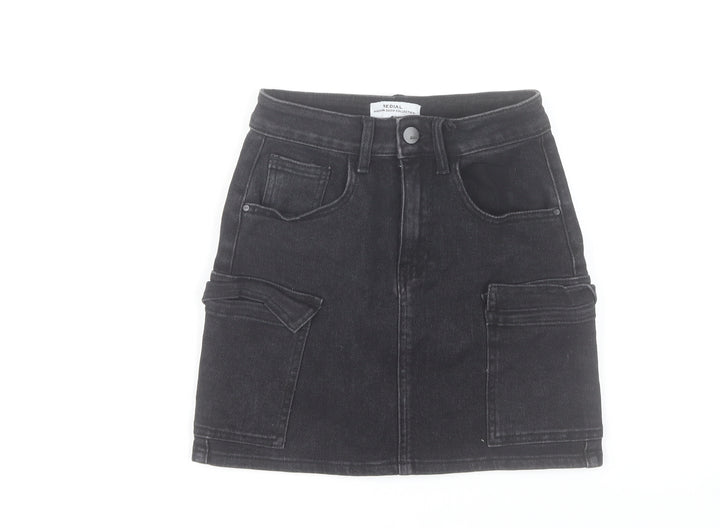 Redial Women's Black Denim Cargo Mini Skirt XS High Rise