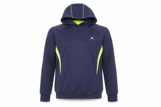 Front view of Domyos boys’ blue and neon green pullover hoodie 14 years polyester blend