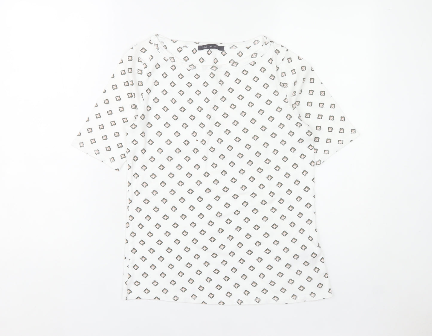 Marks and Spencer Womens White Geometric Print Cotton T-Shirt UK 12