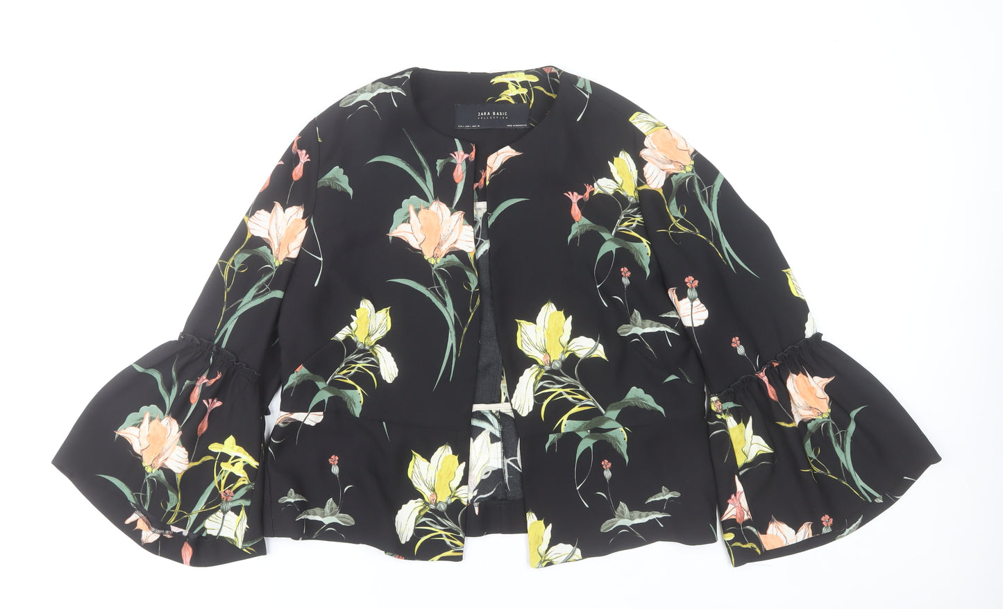 Zara Basic Women's Black Floral Ruffle Sleeve Short Jacket Size 14
