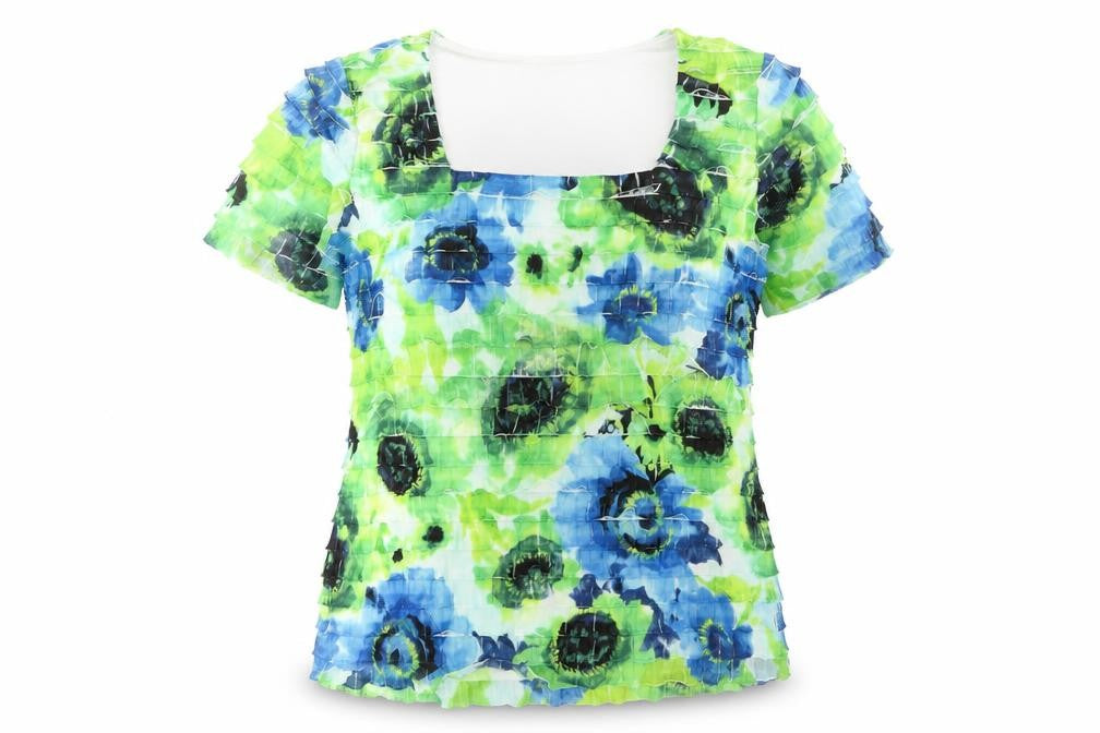 Front view of Gerard women’s multicoloured floral blouse, size UK 14, short sleeve stretch top