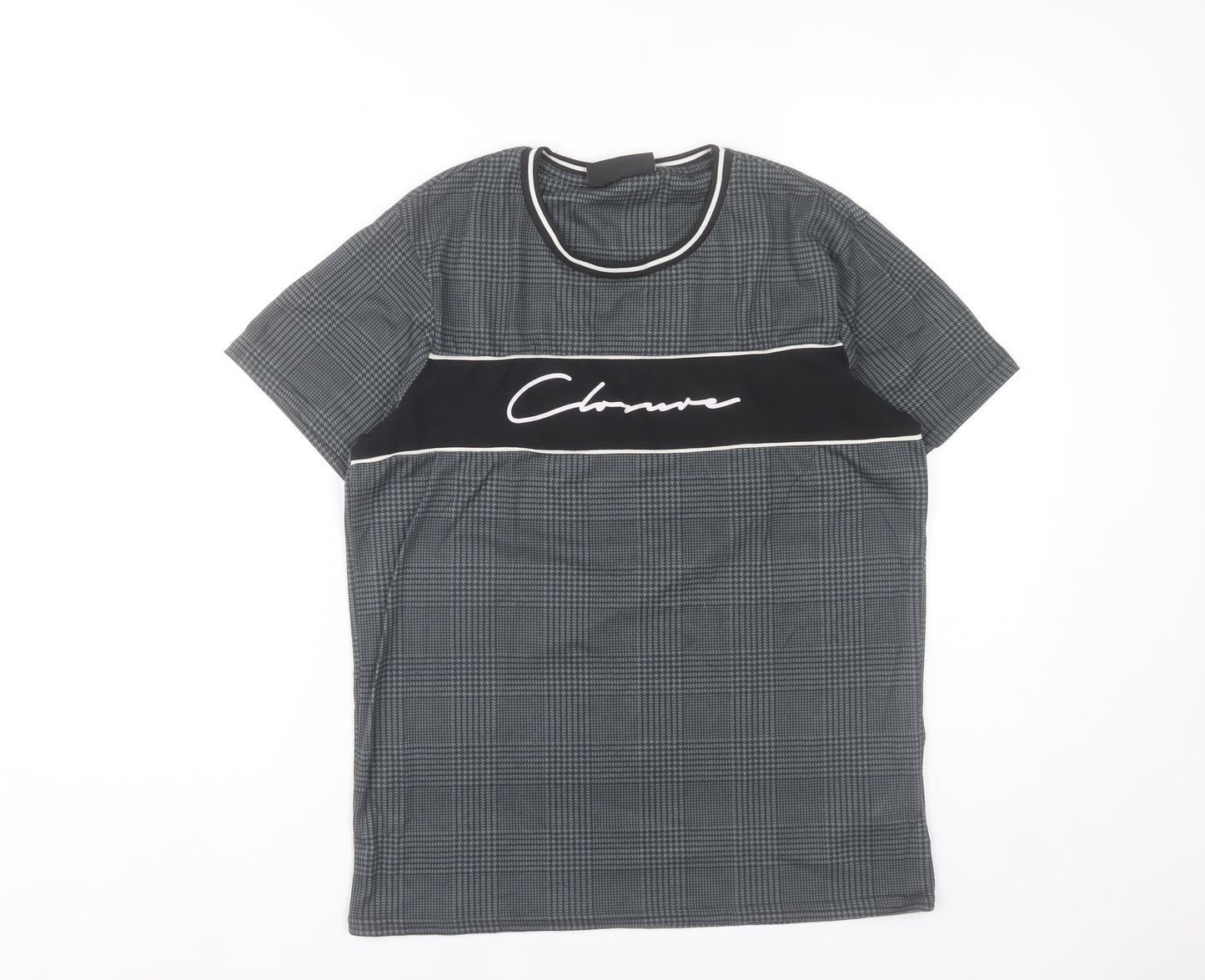 Closure London Men's Grey Check Logo Crew Neck Short Sleeve T-Shirt Size S