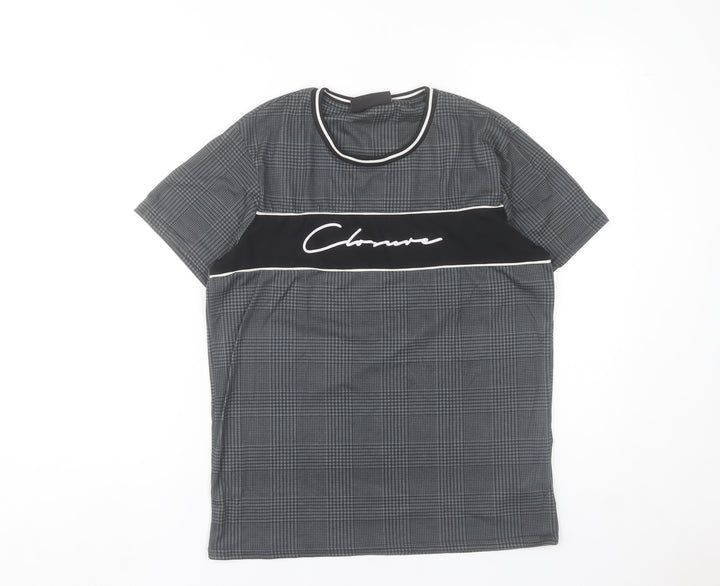 Closure London Men's Grey Check Logo Crew Neck Short Sleeve T-Shirt Size S