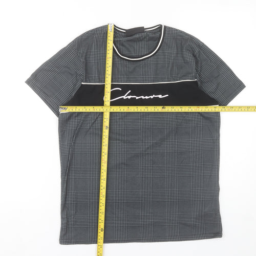 Closure London Men's Grey Check Logo Crew Neck Short Sleeve T-Shirt Size S