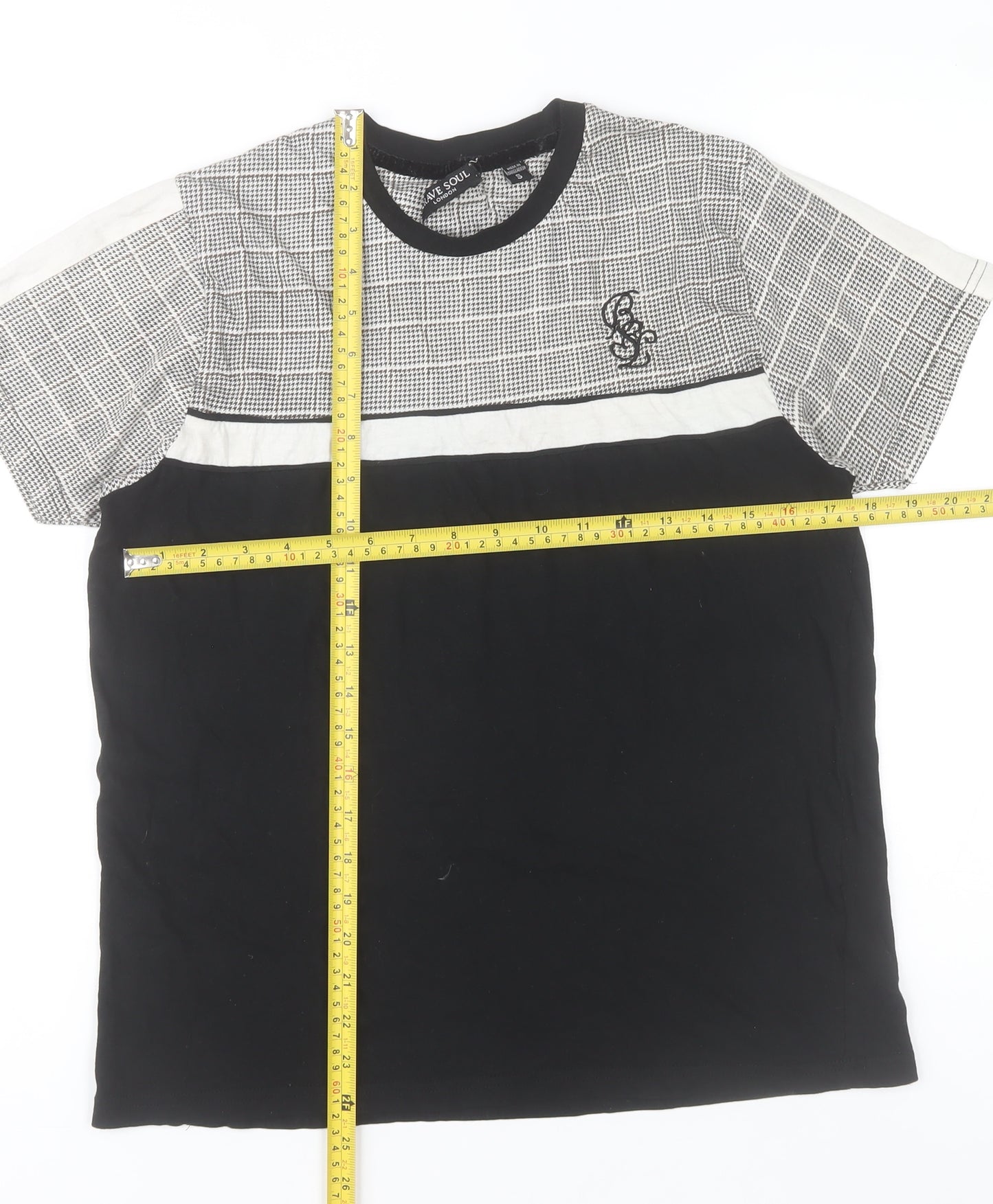 Brave Soul Men's Black Check Panel Crew Neck Short Sleeve T-Shirt Size S