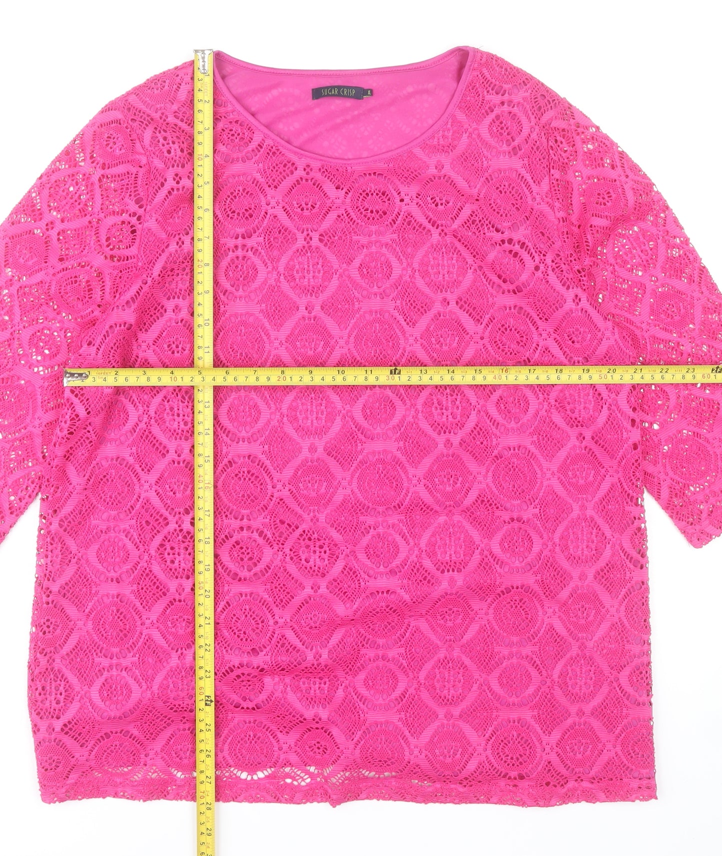 Sugar Crisp Womens Pink Lace Tunic Blouse XL 3/4 Sleeve Pullover