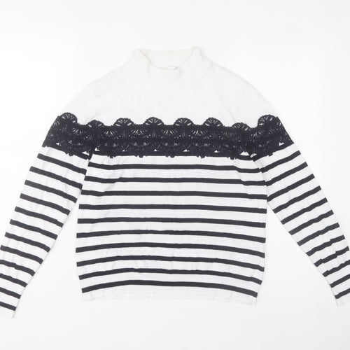 Warehouse Womens White Striped Lace Mock Neck Jumper Size 14